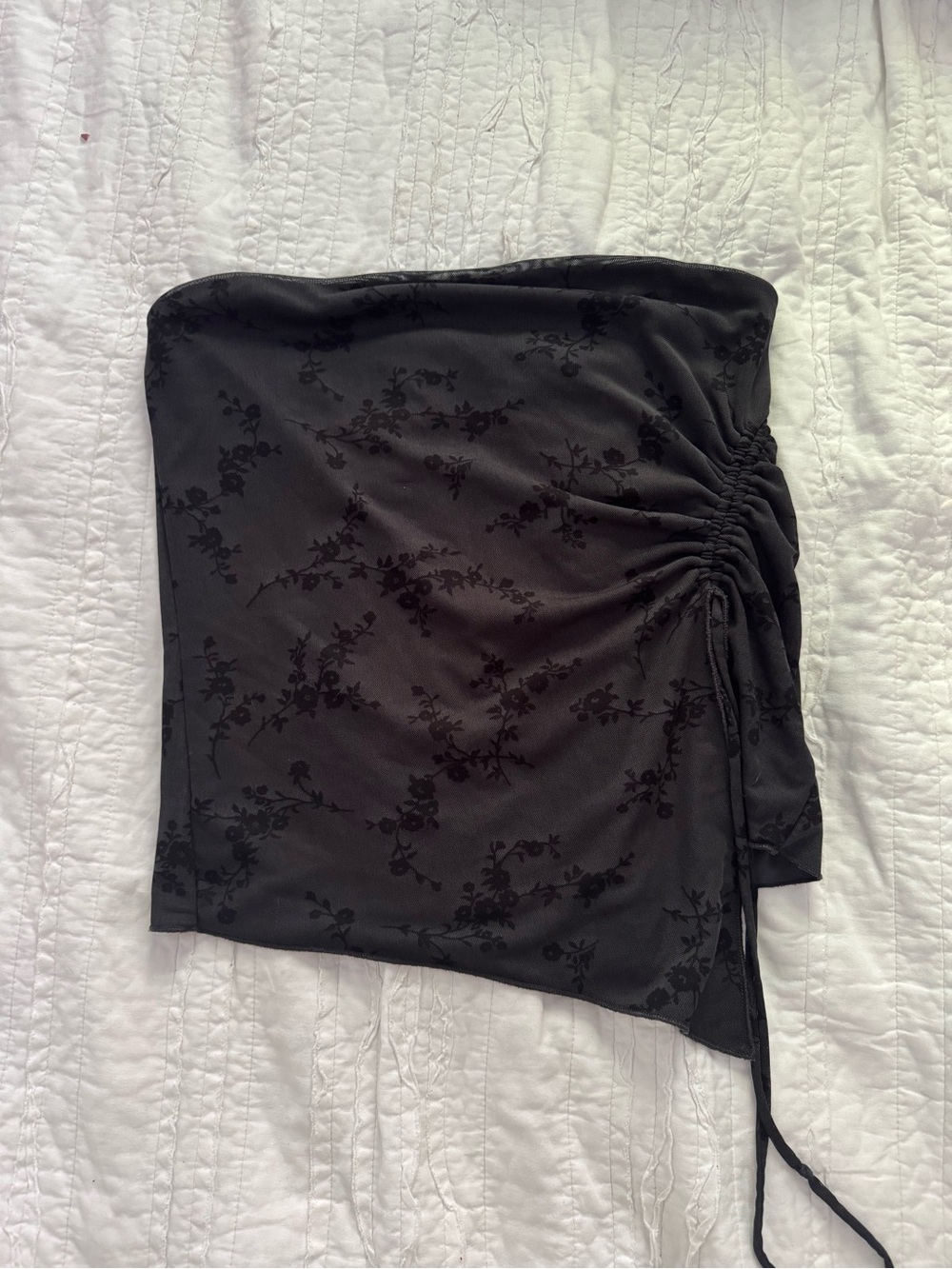 Black Floral Satin Asymmetric Ruched Tube Top